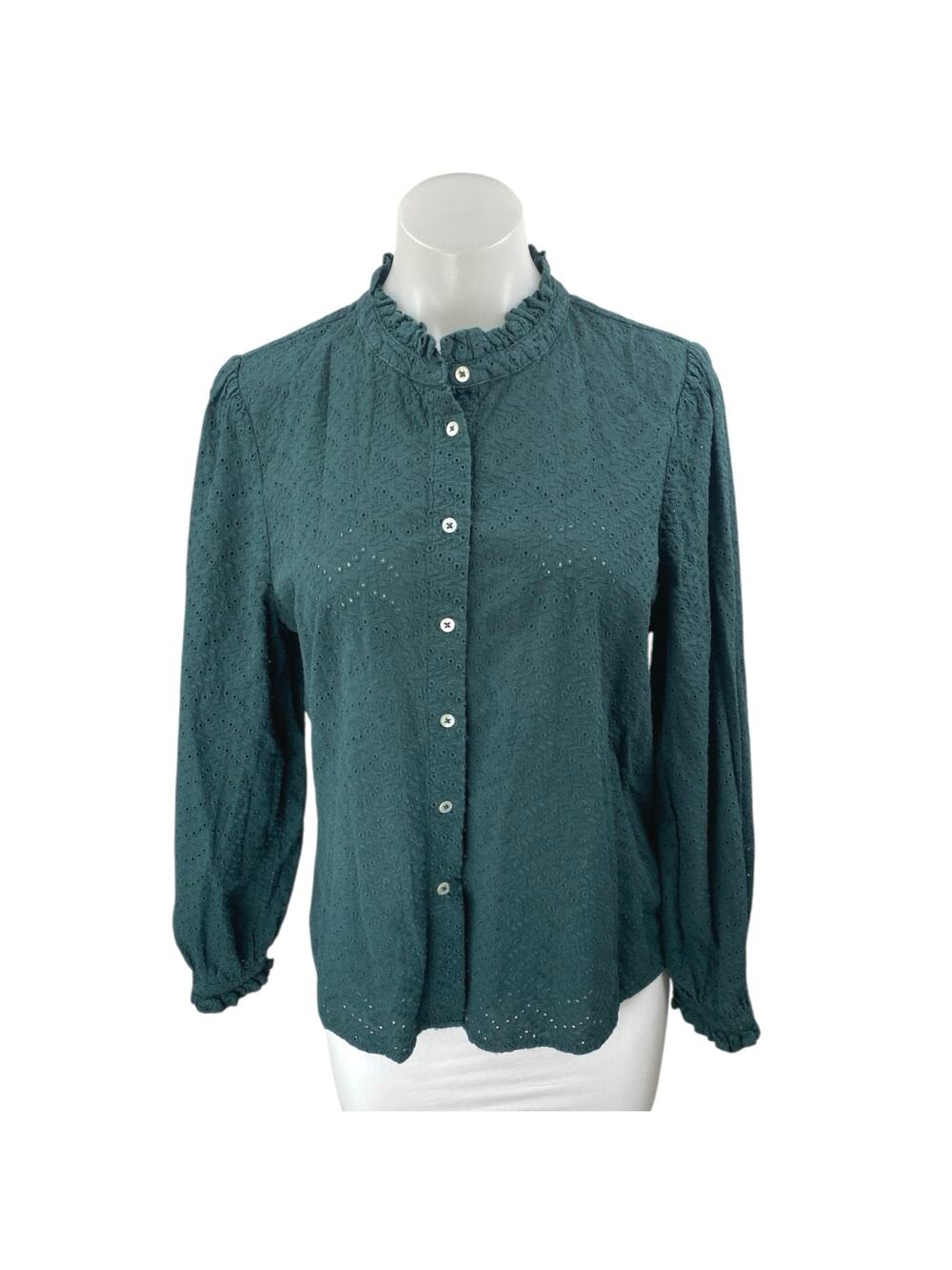 Les Essentiels de MONOPRIX Green Long Sleeve Embroidered Button Blouse Top 12